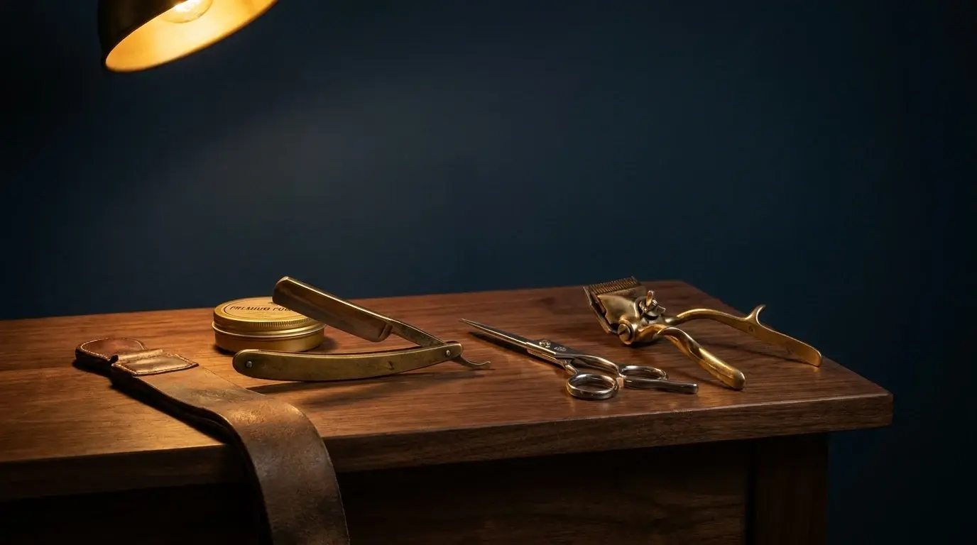 Premium barbering and salon craft — straight razor, scissors, brass clipper, leather strop and pomade on a walnut counter under warm tungsten light